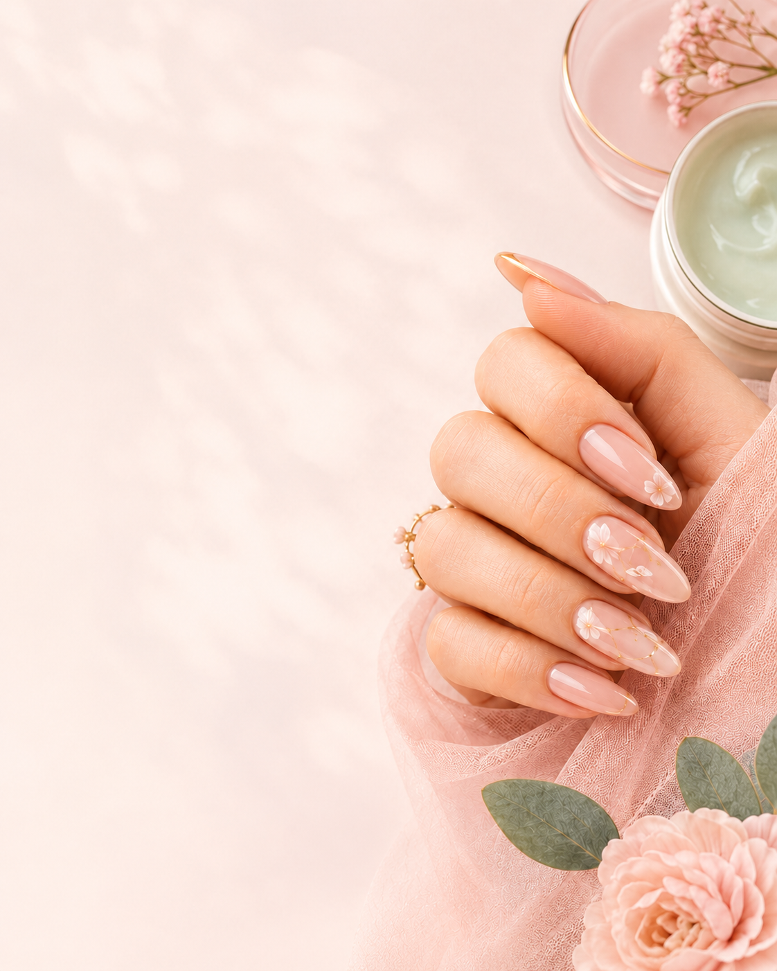 Manos con manicure delicado, flores y elementos de spa